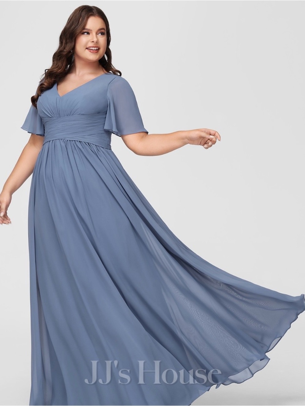 NWT JJ House Dusty Blue V-Neck Chiffon Flutter Sleeve Maxi Gown 2026